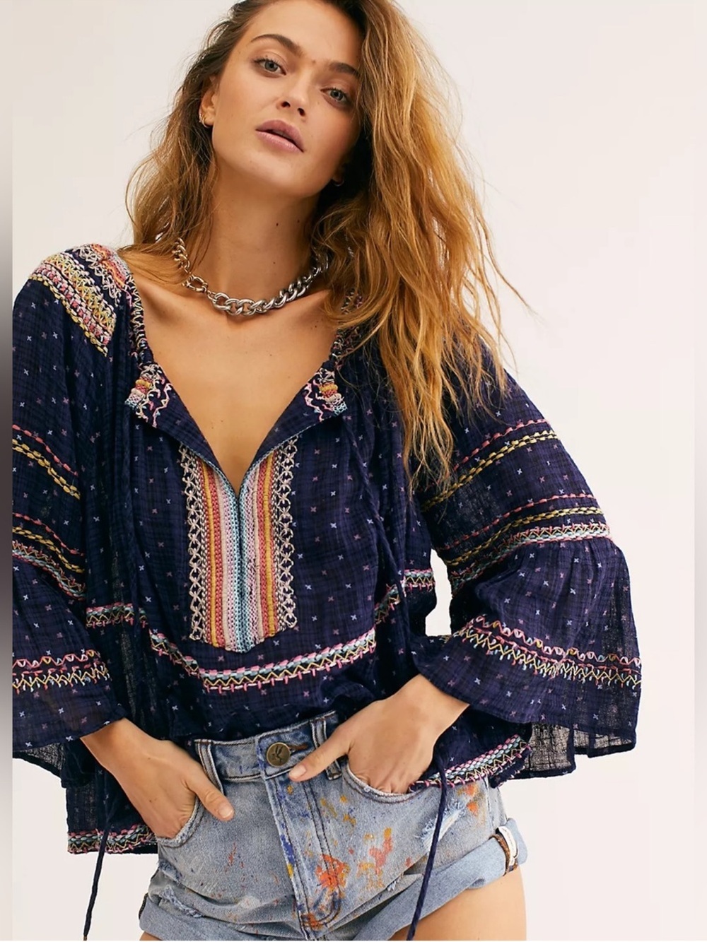 Free People Navy Embroidered Boho Peasant Top Bell Sleeve Oversized